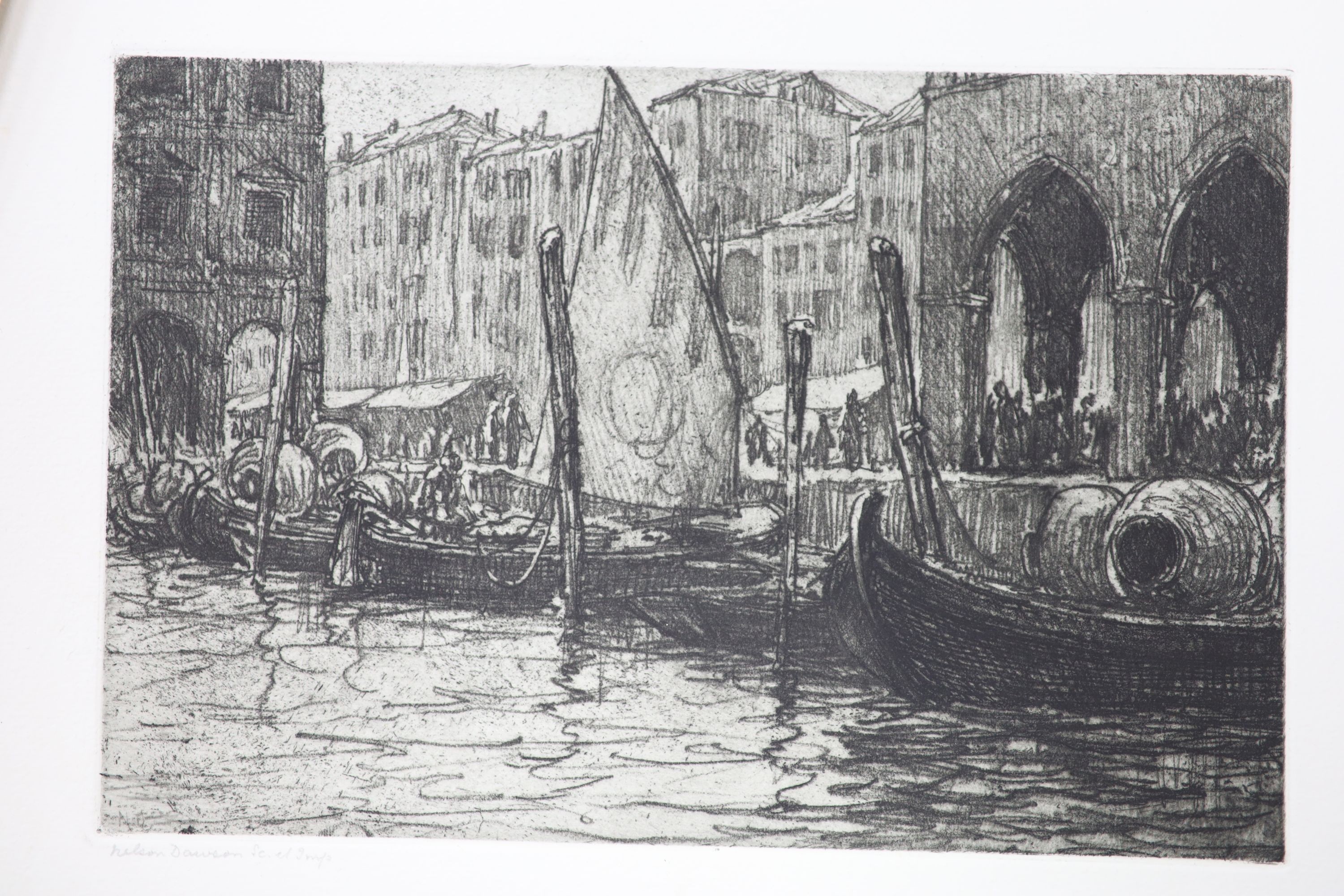 Nelson Dawson (1859-1941) group of unframed etchings and a typed list of works by the artist